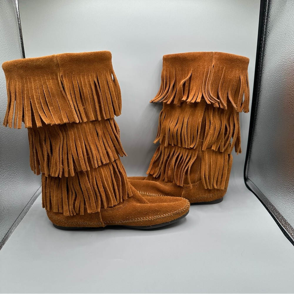 Minnetonka Triple Fringe Suede Moccasin Boots - Chestnut - Picture 8 of 11